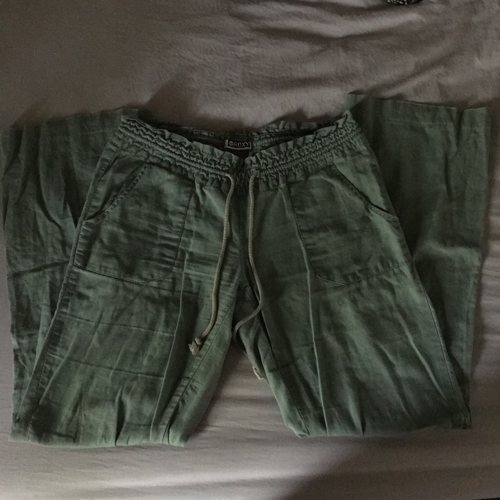 Roxy Army Green Linen like Wideleg Drawstring pant